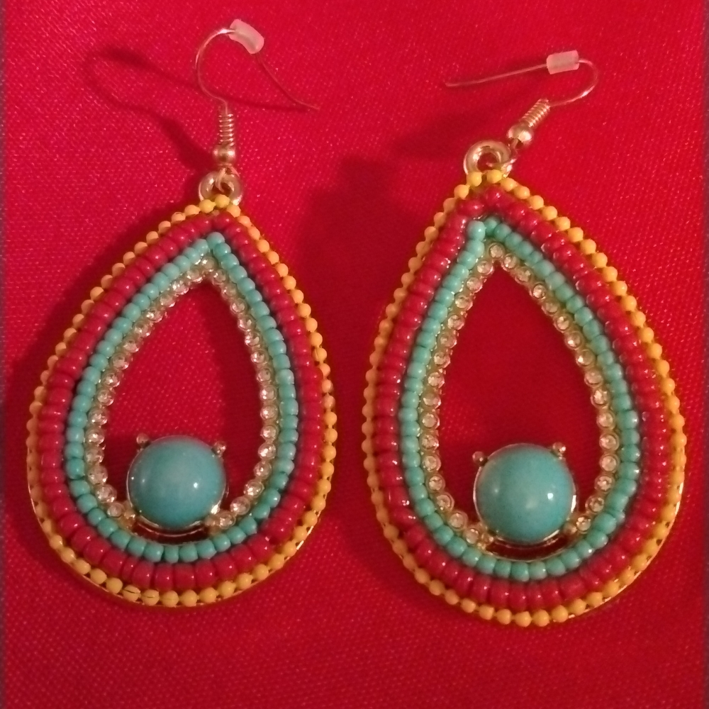 Orange Coral Yellow Blue Gold Tone Drop Earrings